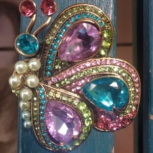 Vintage Pink and Blue Butterfly Brooch with Intricate Metalwork